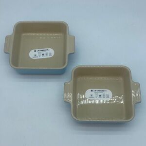 Le Creuset6” Square Mini Dishes in Beige Interior and Light Blue Exterior (Pair)